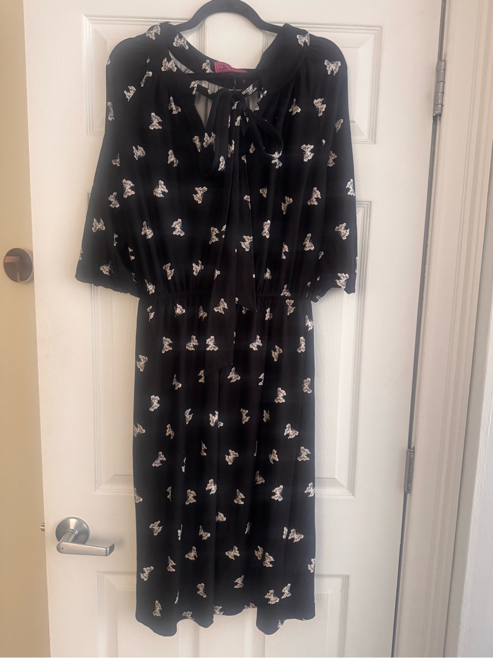 Melissa Masse Black Butterfly-Print Tie-Neck Midi Dress